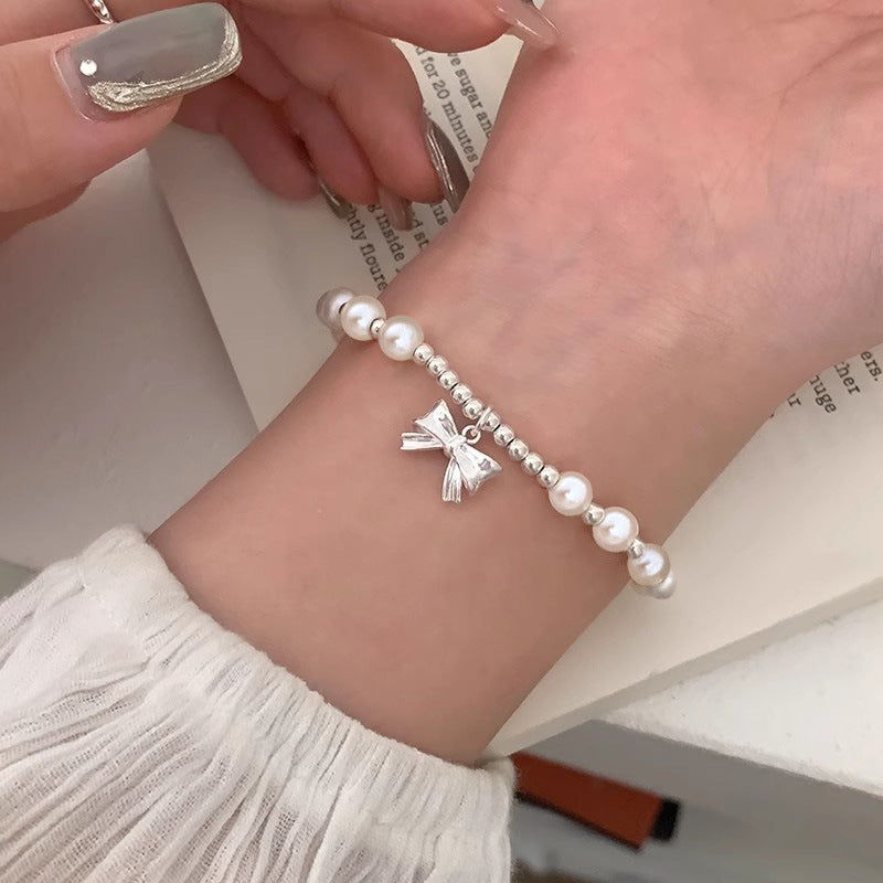 S925 Sterling Silver Bow Premium Imitation Pearl Bracelet, Sweet and Girly Heart for Women
