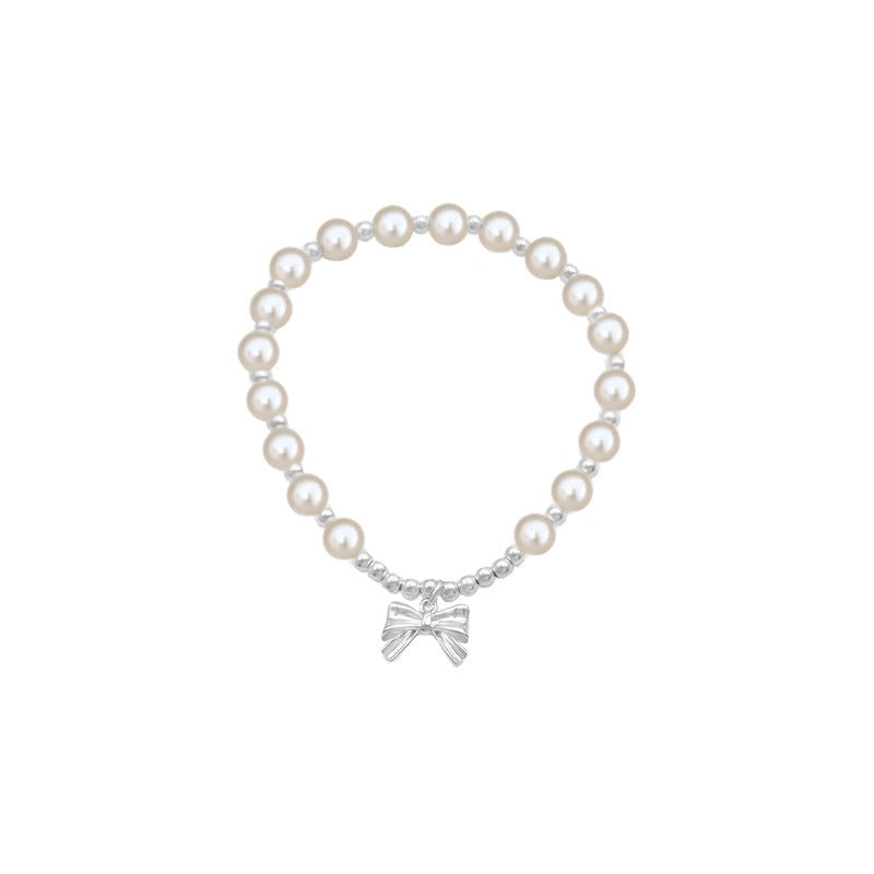 S925 Sterling Silver Bow Premium Imitation Pearl Bracelet, Sweet and Girly Heart for Women