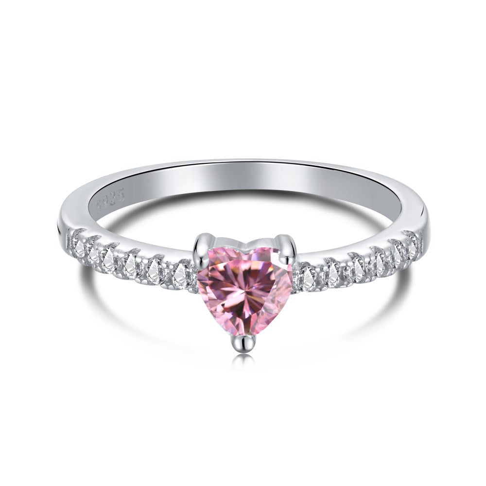 S925 Pure Silver Ring, Women's Water Droplet Fashion Diamond Arrangement, Peach Heart Square Diamond Pink High Carbon Diamond Ring