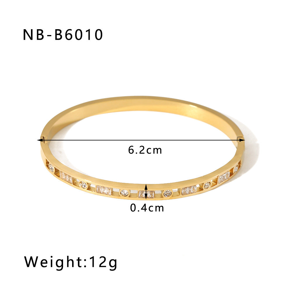Zircon Bracelet with Roman Numerals, Diamond Pattern, Five-pointed Star, Stainless Steel Plated with Real Gold Jewelry