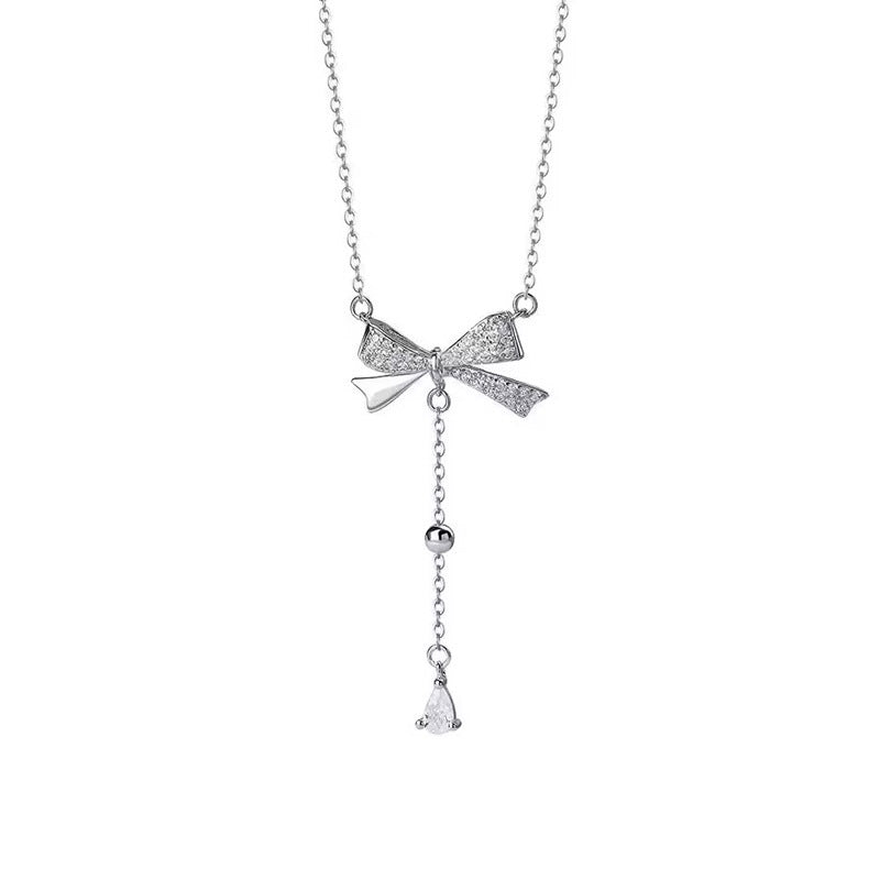 Bow Tassel S925 Sterling Silver Necklace for Girls, Micro Inlaid with Diamonds Pendant, Collarbone Chain