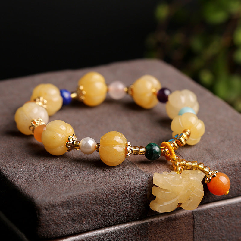 Pulsera de jade de seda dorada natural de Xinjiang, estilo étnico, con nudo de bambú y cuentas de calabaza, pulsera de jade amarillo colgante