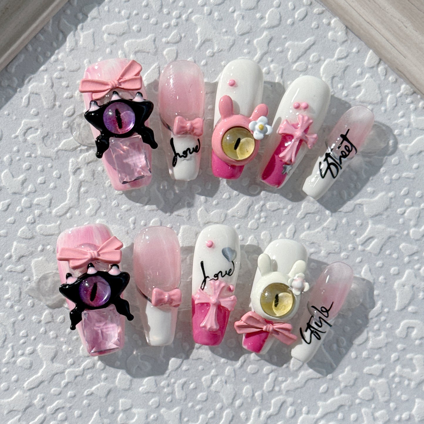 100% Handmade Wearable Nail Powder Tender Little Monster Kroos Heart Cross Detachable Fake Nail Nail Art Patch