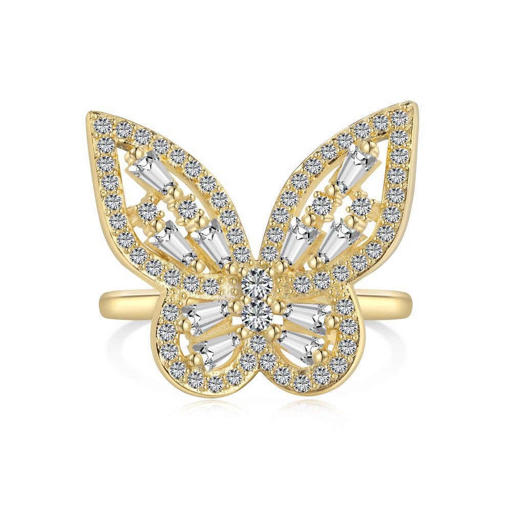 S925 Sterling Silver Ring, Women's Gold Butterfly Zircon Light Luxury High-end Ring