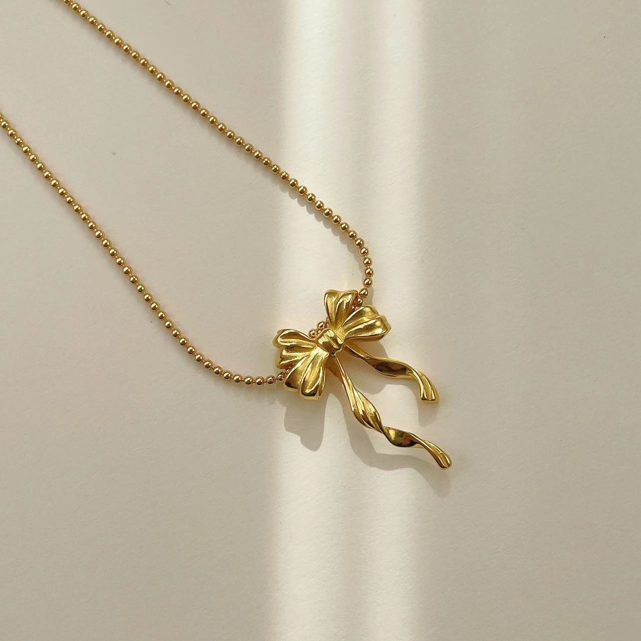 S925 Silver Geometric Ribbon Double Layered Bow Necklace Minimalist Round Bead Collarbone Chain