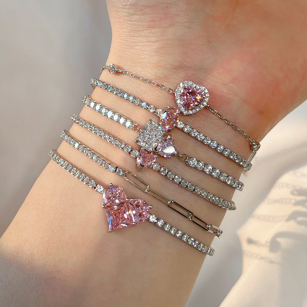 S925 Sterling Silver Bracelet for Women, Pink Heart-shaped Zircon Row Diamond