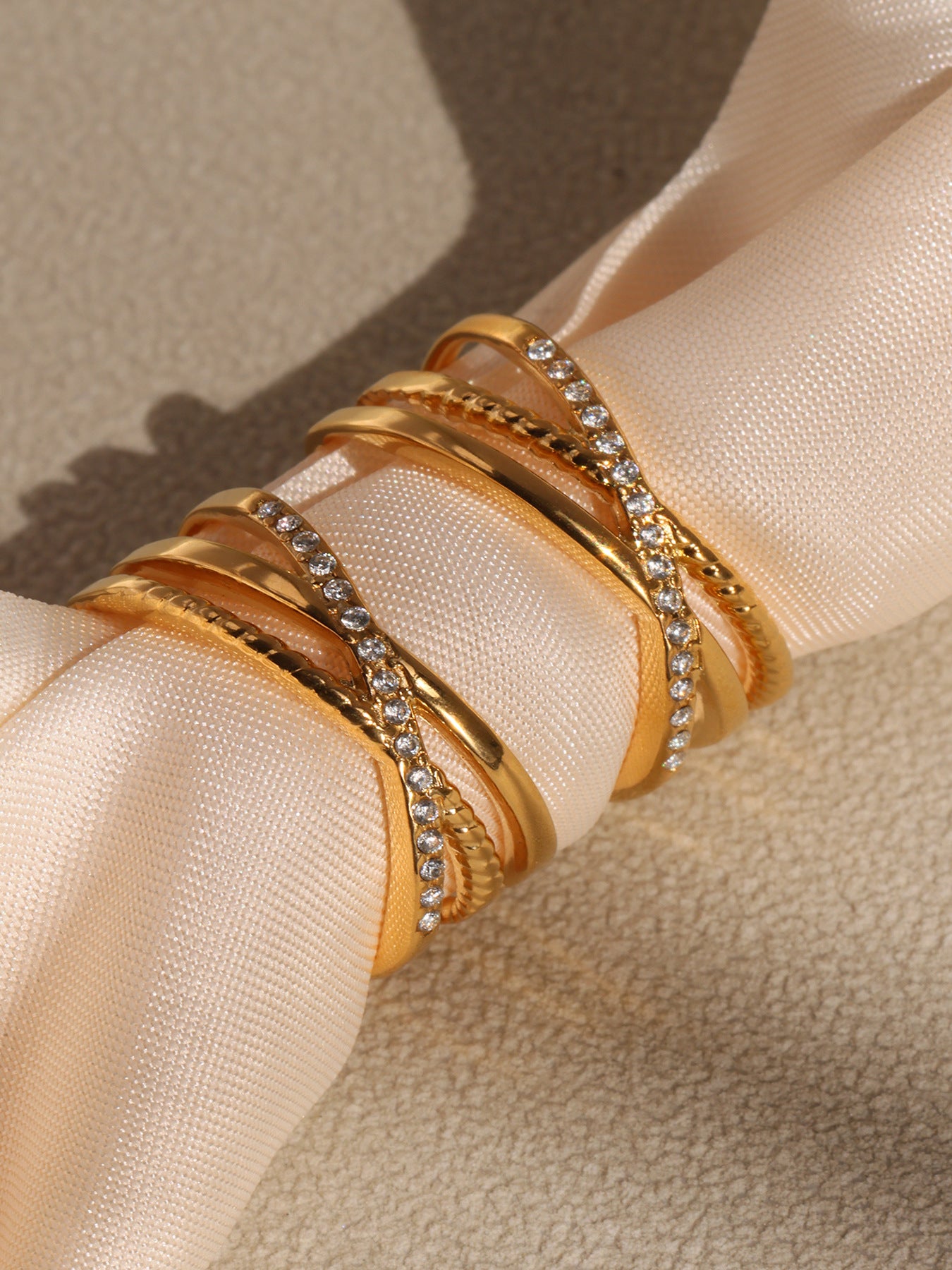 5A Zircon Ultra fine Three layer Ring Stainless Steel Vacuum Plated 18K Gold with Adjustable Opening