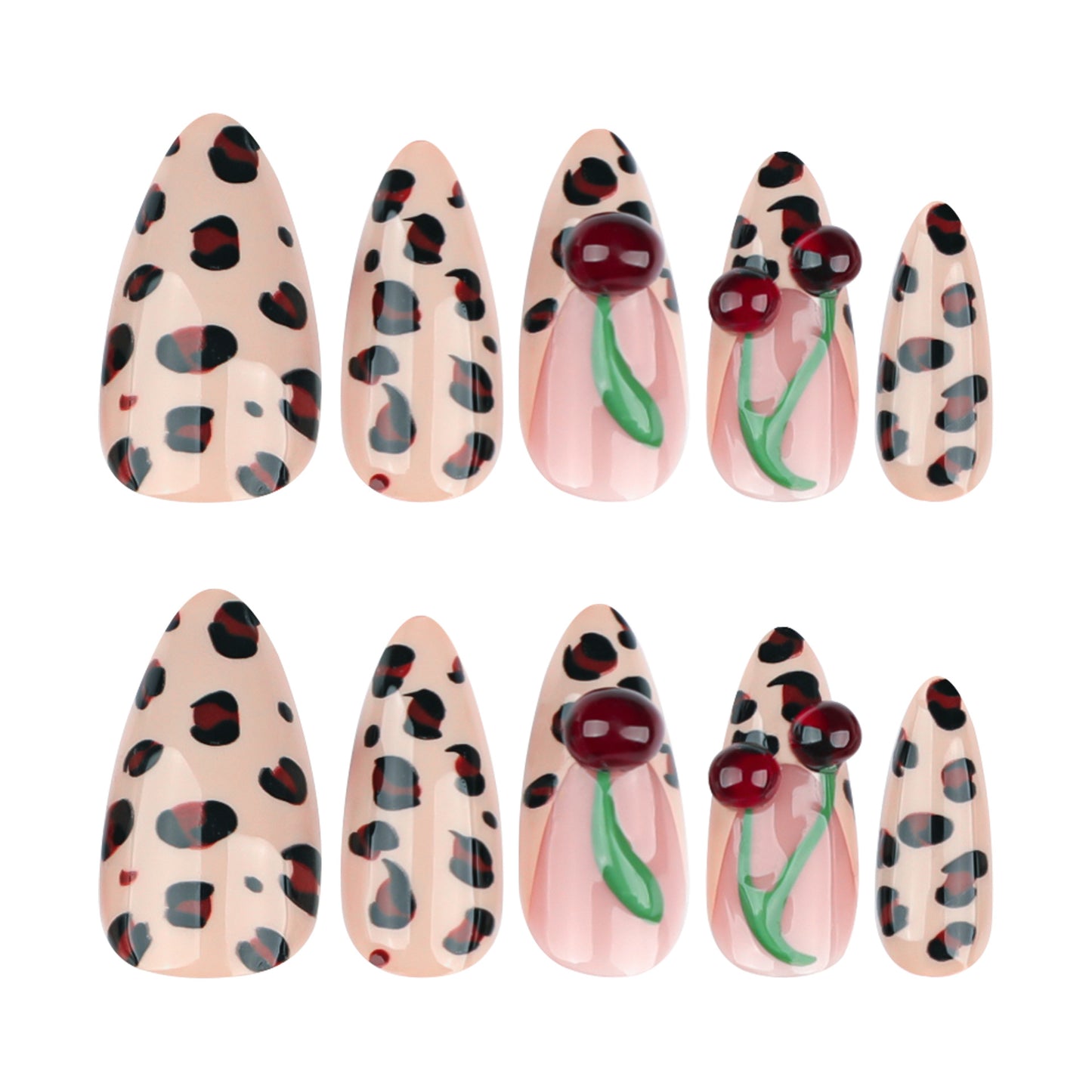 Winter Leopard Print Wearable Nail, Three-dimensional Cherry Nail Art, French Wearable Nail Piece