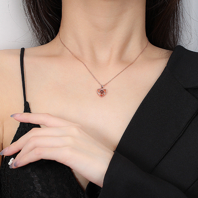 Collar de plata 925 con forma de corazón, forma de corazón femenino, 100 idiomas, te amo, cadena para clavícula