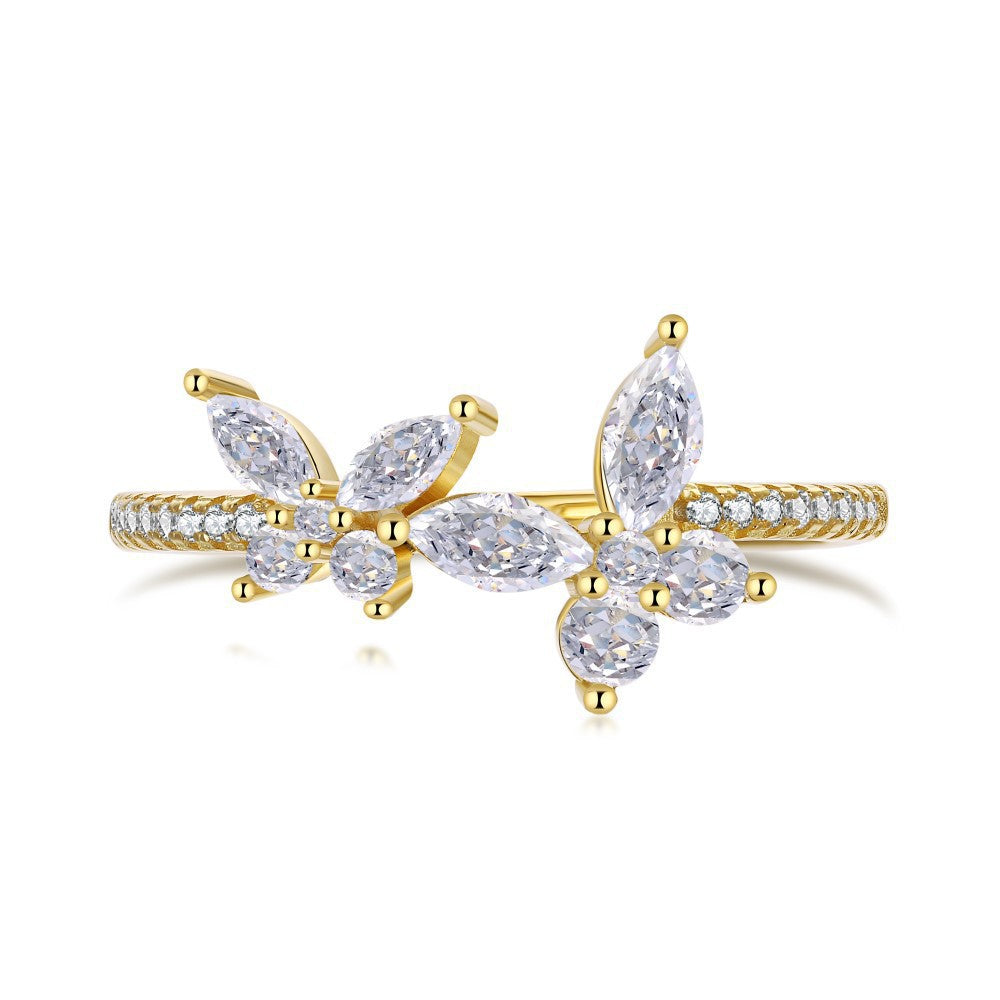 S925 Sterling Silver Ring, Women's Gold Butterfly Zircon Light Luxury High-end Ring