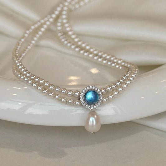S925 Sterling Silver Natural Aquamarine High-quality Artificial Pearl Double-layer Necklace for Women's Collarbone Chain