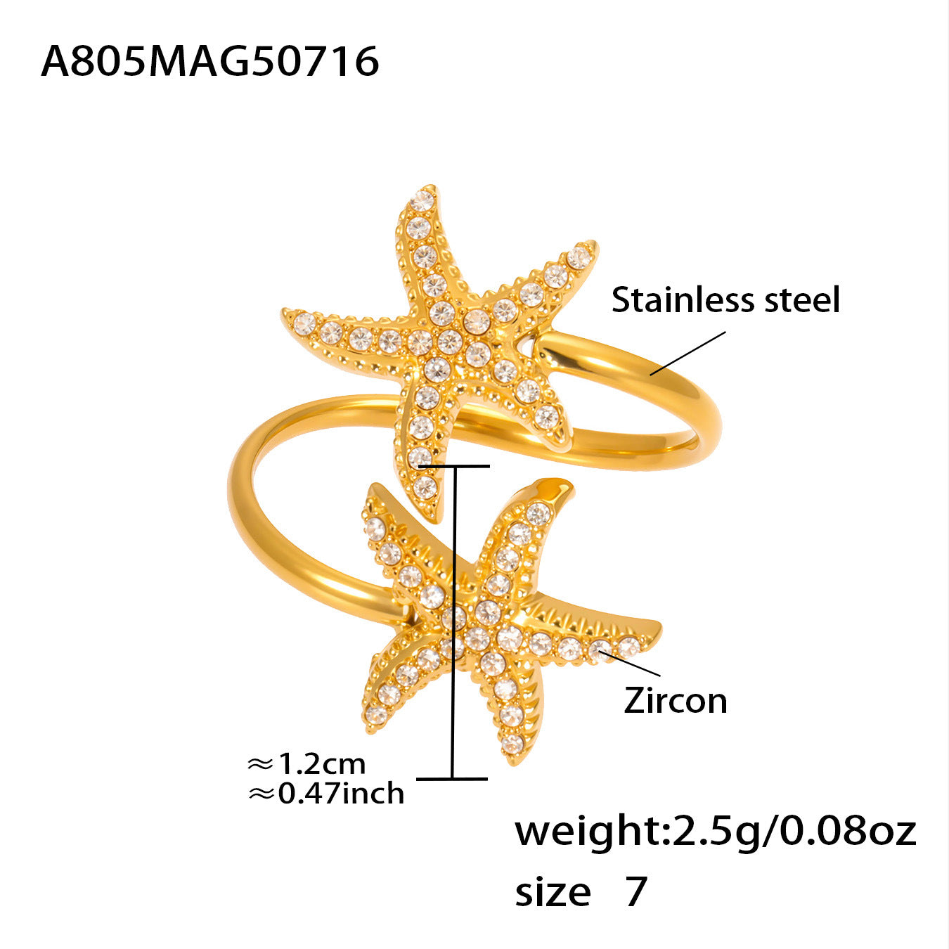 18K Gold Starfish Shell Zircon Open Index Finger Ring Summer Ocean Wind Stainless Steel
