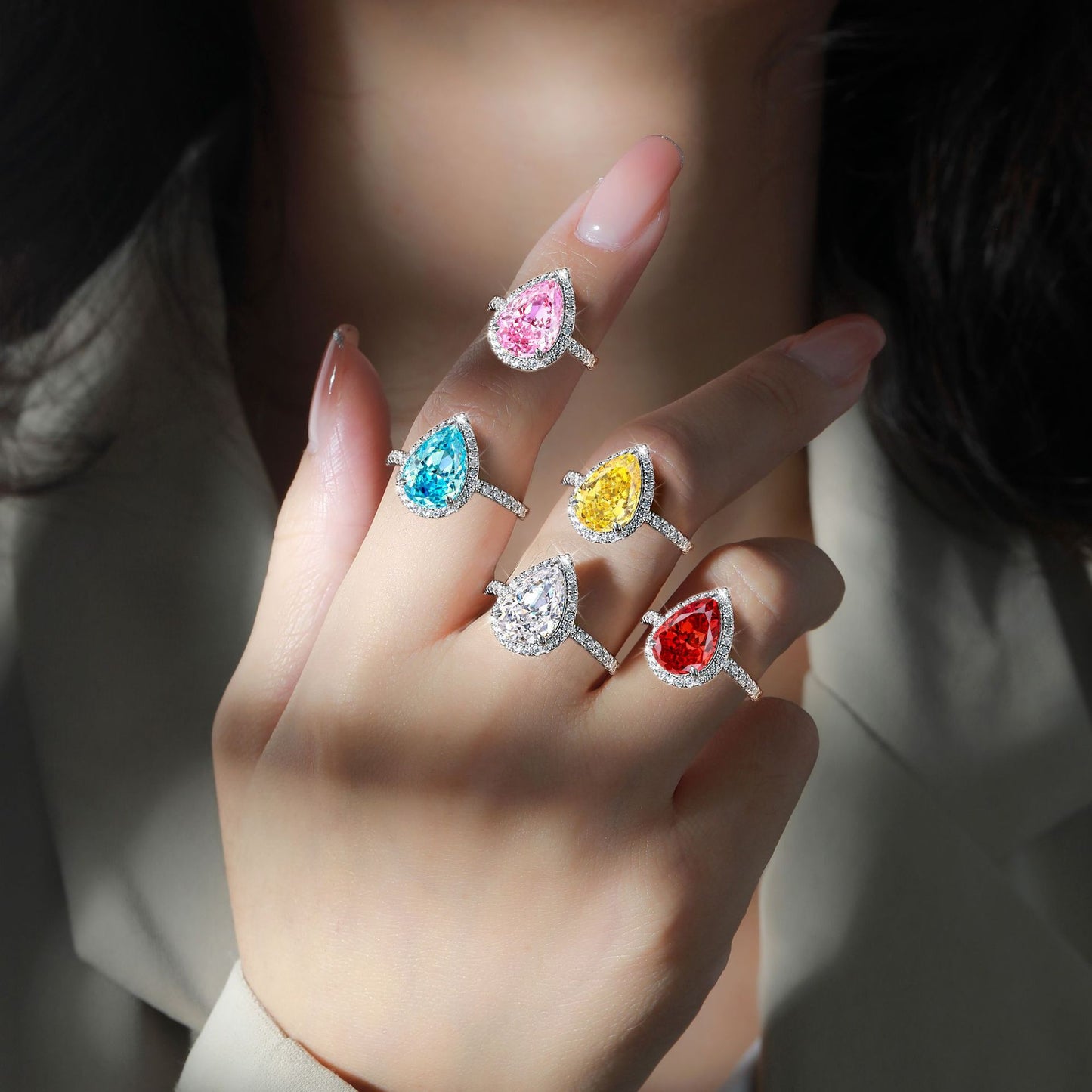 S925 Sterling Silver 8 * 12 Droplet Shaped High Carbon Diamond Ring with A Luxurious and Luxurious Feel, Featuring Fireworks and Ice Flower Cut 8A Zircon Silver Ring