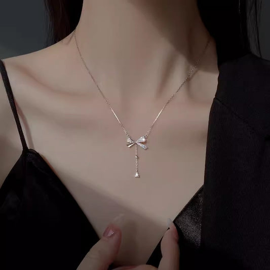 Bow Tassel S925 Sterling Silver Necklace for Girls, Micro Inlaid with Diamonds Pendant, Collarbone Chain