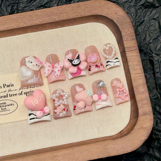 Cartoon Duckbill Cute Dopamine Press on Nails KT Cat Heart Short Nails Style Sweet Cool Phototherapy Wearable Armor Detachable