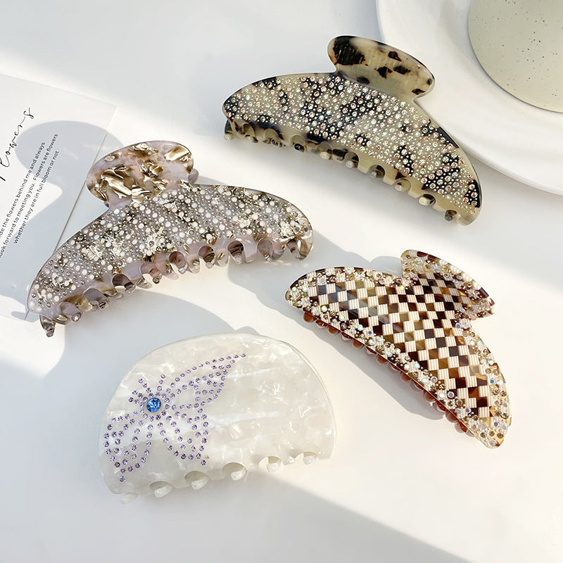 Acetic Acid Grab Clip Full of Diamonds, Crescent Shaped Back of The Head, Shark Clip