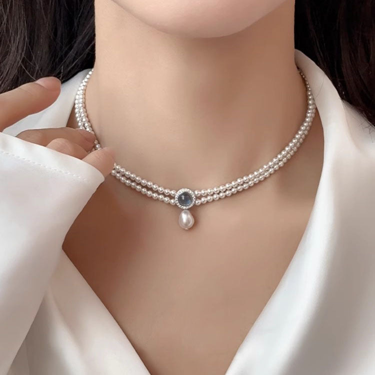 S925 Sterling Silver Natural Aquamarine High-quality Artificial Pearl Double-layer Necklace for Women's Collarbone Chain