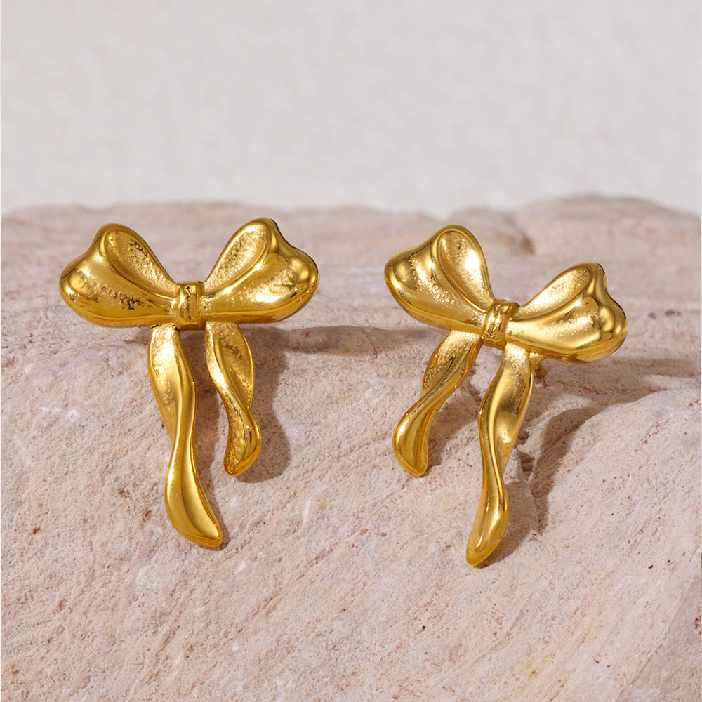 Bow Earrings and Earrings Made of Stainless Steel Plated with Real Gold