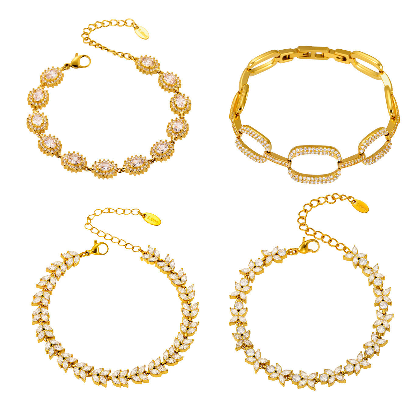 Stainless Steel 5A Zircon Four Leaf Flower Full Diamond Bracelet, New Chinese Style Bracelet Combination