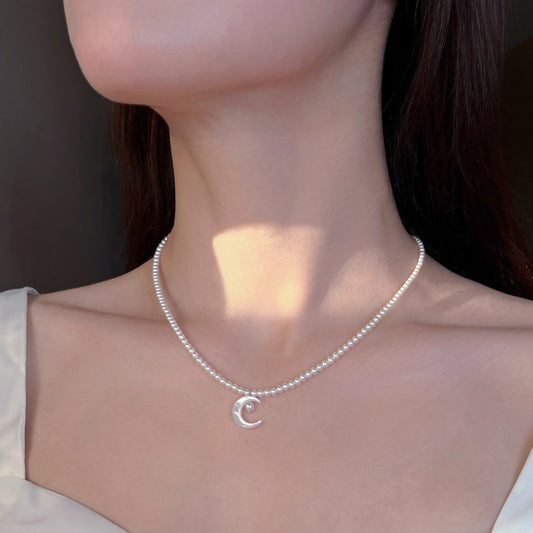 S925 Pure Silver Natural Freshwater Pearl Butterfly Shell Moon Necklace for Women