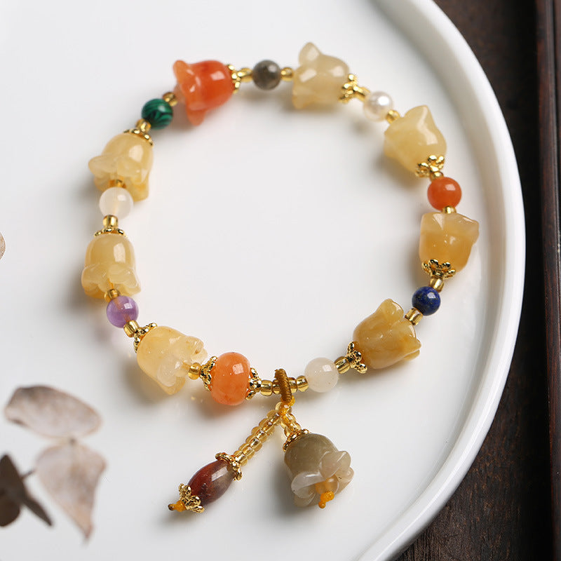 Pulsera de jade de seda dorada natural de Xinjiang, estilo étnico, con nudo de bambú y cuentas de calabaza, pulsera de jade amarillo colgante