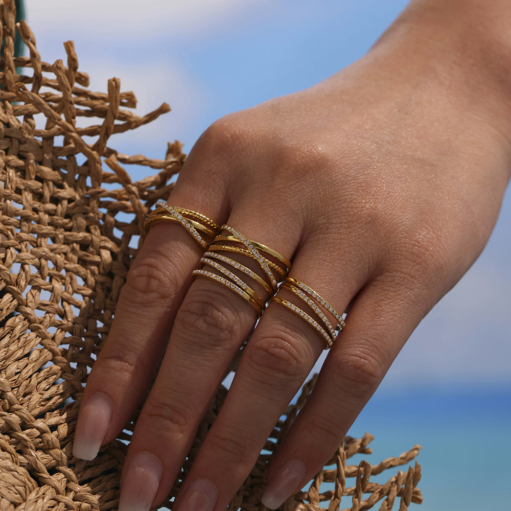 5A Zircon Ultra fine Three layer Ring Stainless Steel Vacuum Plated 18K Gold with Adjustable Opening