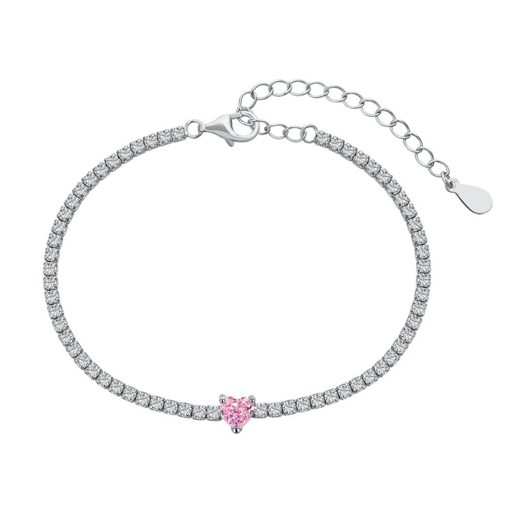 S925 Sterling Silver Bracelet for Women, Pink Heart-shaped Zircon Row Diamond