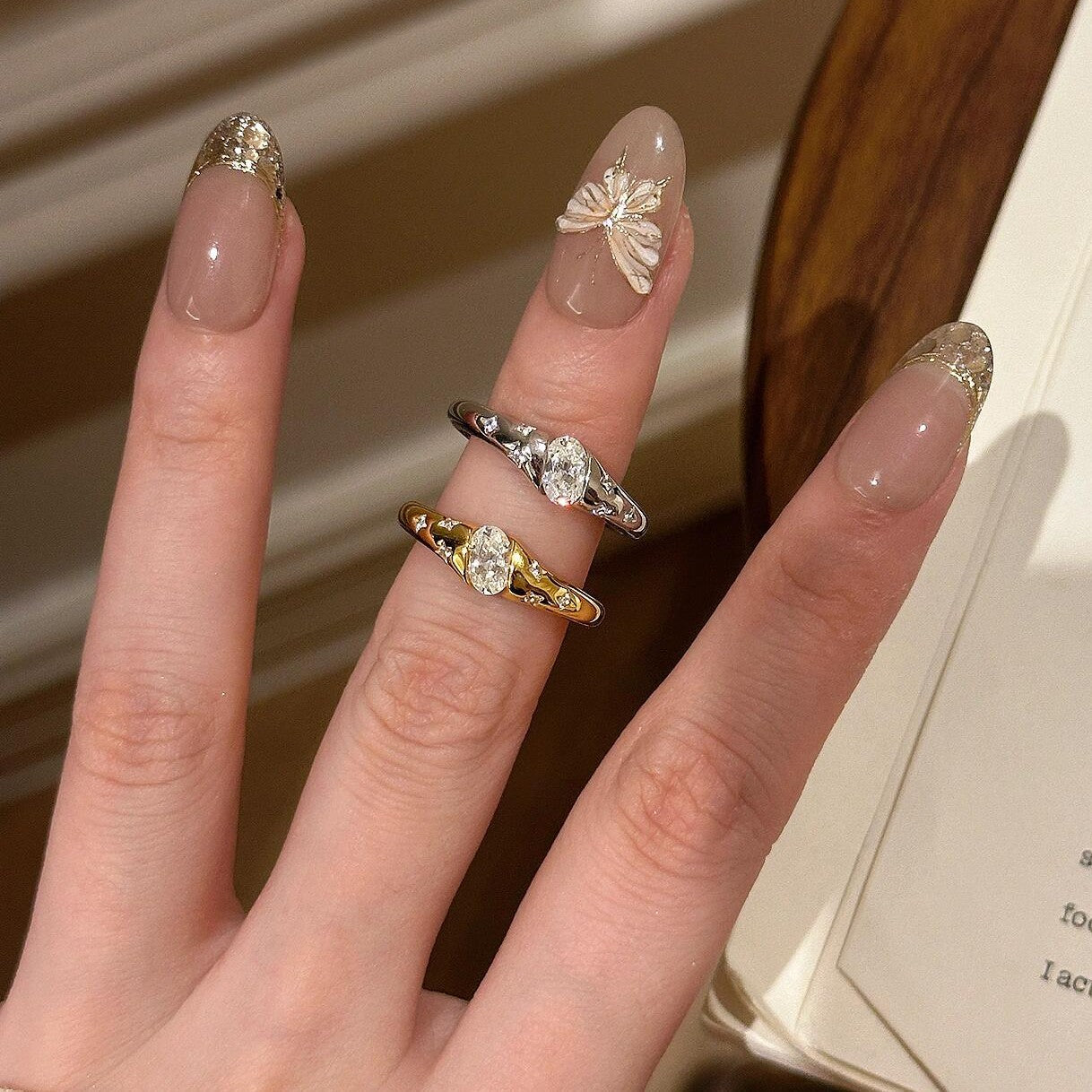 S925 Sterling Silver Plated 18K Gold Star Asteroid Ring, Exquisite Layered Diamond Ring