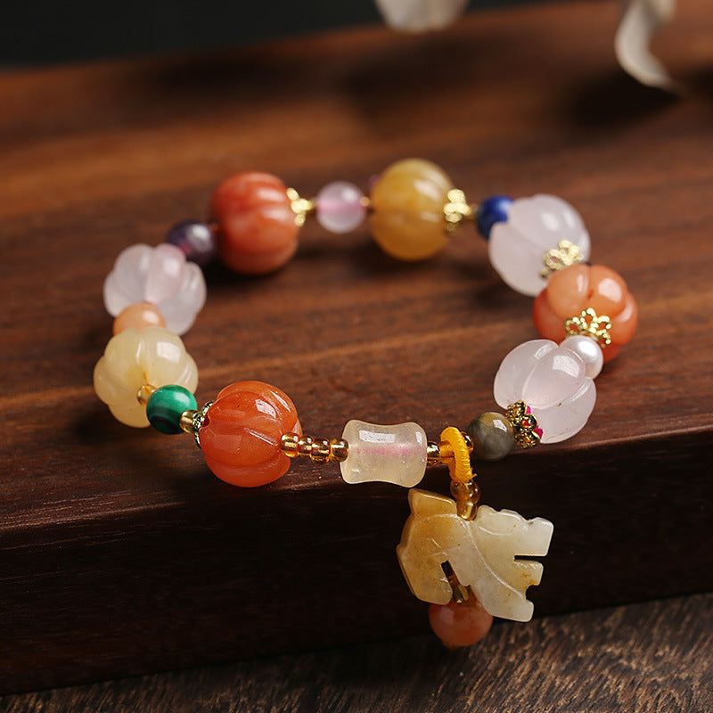 Pulsera de jade de seda dorada natural de Xinjiang, estilo étnico, con nudo de bambú y cuentas de calabaza, pulsera de jade amarillo colgante