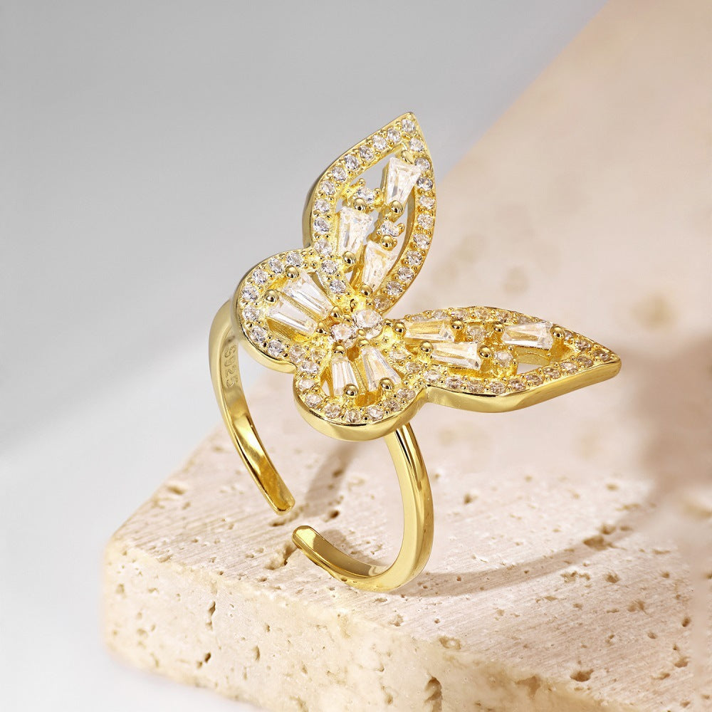 S925 Sterling Silver Ring, Women's Gold Butterfly Zircon Light Luxury High-end Ring