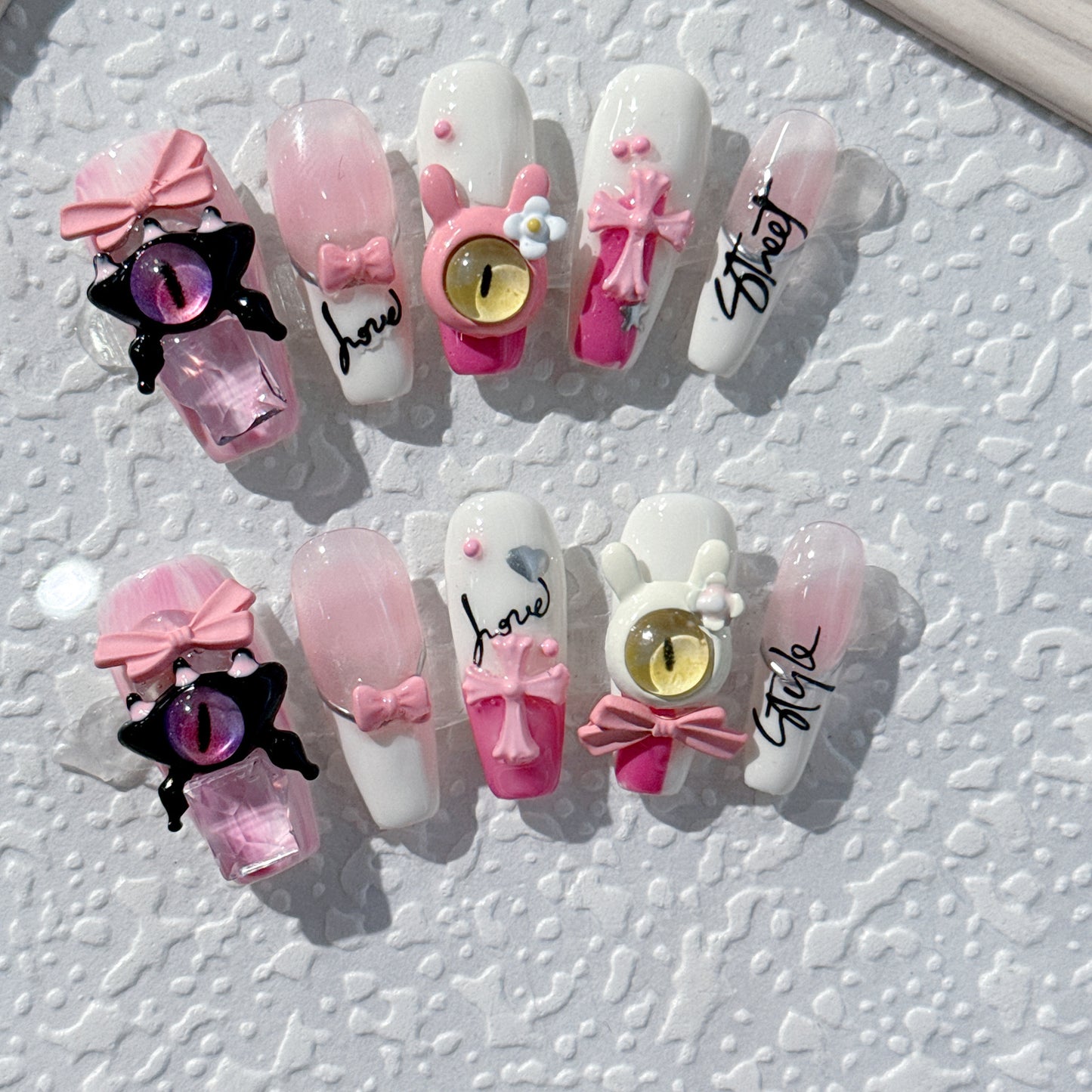 100% Handmade Wearable Nail Powder Tender Little Monster Kroos Heart Cross Detachable Fake Nail Nail Art Patch