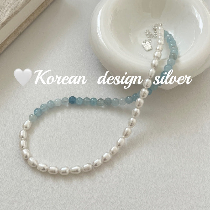 Handmade Minimalist Silver Jewelry S925 Pure Silver Aquamarine Treasure Pearl Splicing Necklace