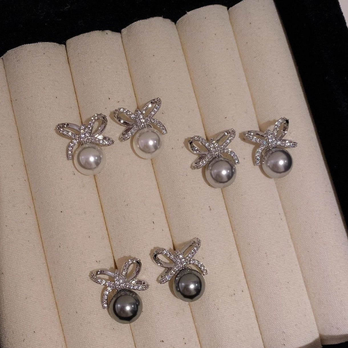 S999 Silver Needle Earnail Full Diamond Bow Artificial Pearl Earnail Female