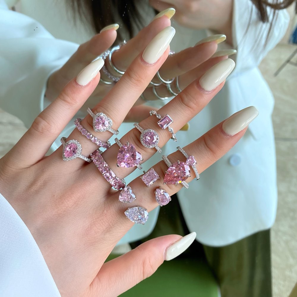 S925 Pure Silver Ring, Women's Water Droplet Fashion Diamond Arrangement, Peach Heart Square Diamond Pink High Carbon Diamond Ring