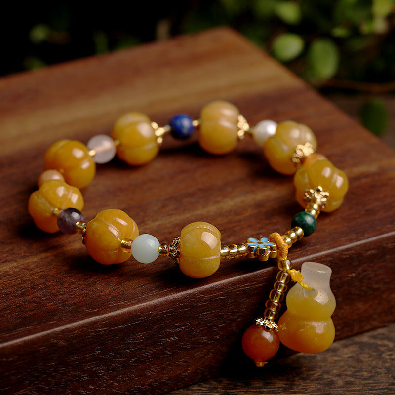 Pulsera de jade de seda dorada natural de Xinjiang, estilo étnico, con nudo de bambú y cuentas de calabaza, pulsera de jade amarillo colgante