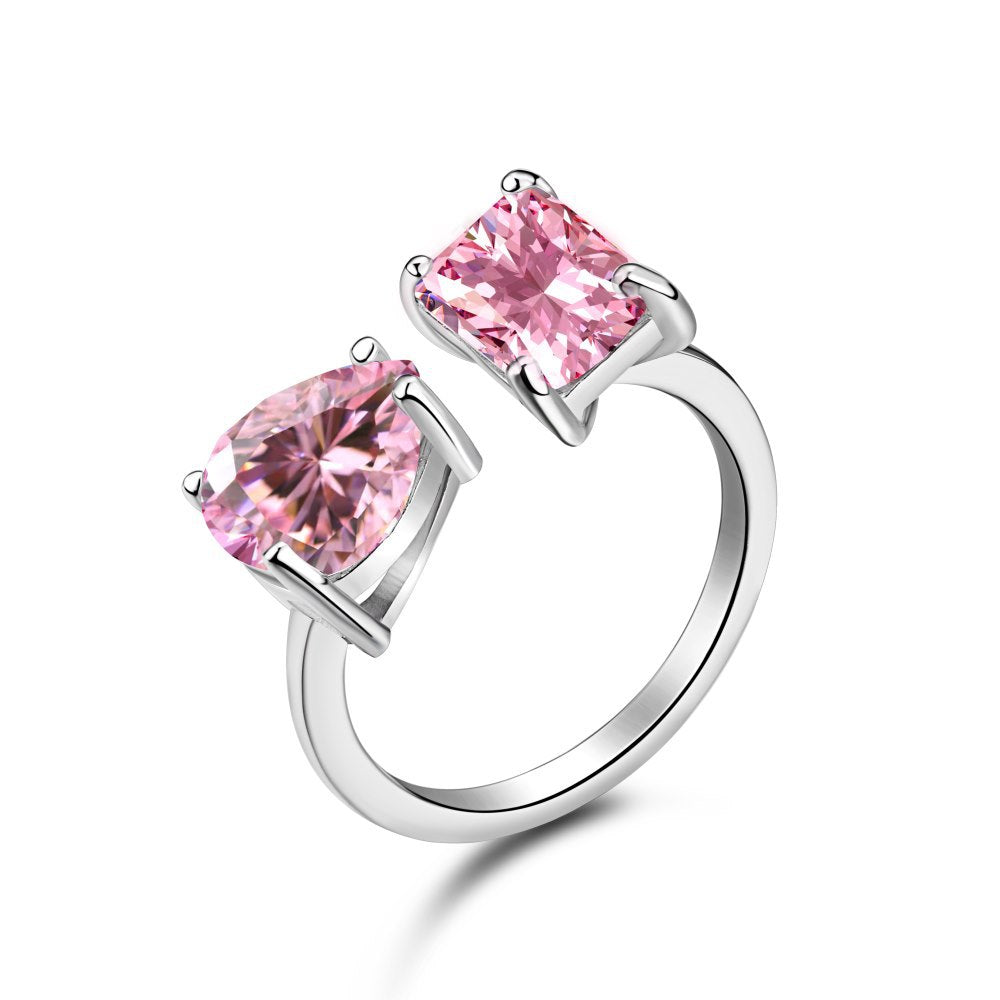 S925 Pure Silver Ring, Women's Water Droplet Fashion Diamond Arrangement, Peach Heart Square Diamond Pink High Carbon Diamond Ring