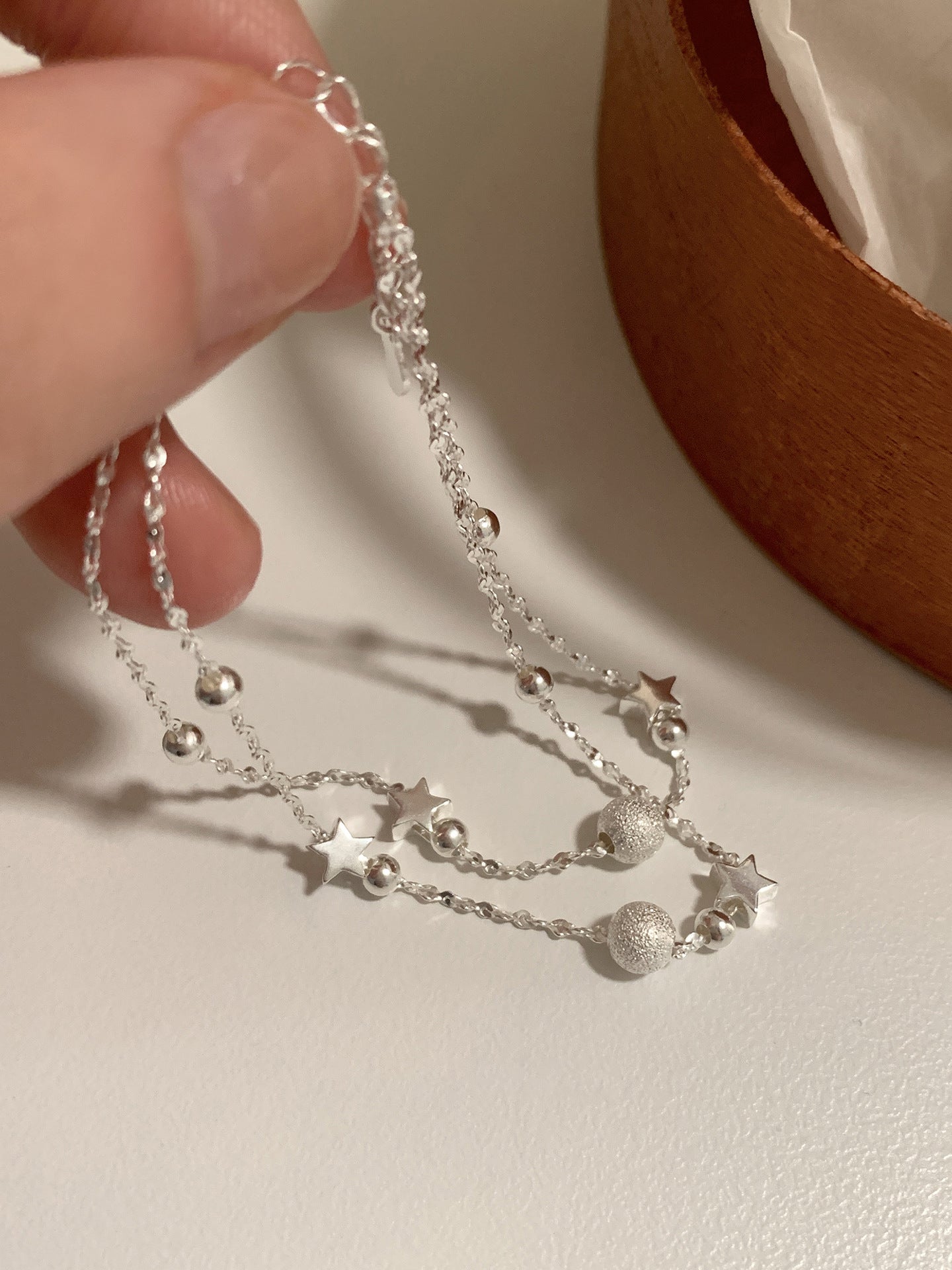 S925 Sterling Silver Double-layer Star Bracelet with Frosted Round Beads