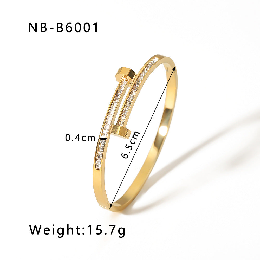 Zircon Bracelet with Roman Numerals, Diamond Pattern, Five-pointed Star, Stainless Steel Plated with Real Gold Jewelry