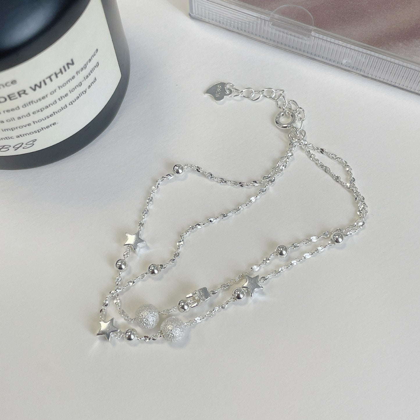 S925 Sterling Silver Double-layer Star Bracelet with Frosted Round Beads