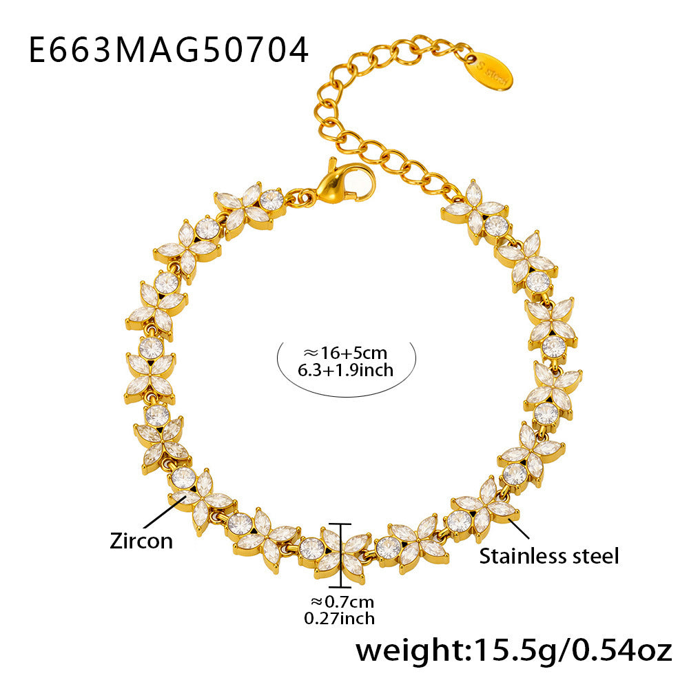 Stainless Steel 5A Zircon Four Leaf Flower Full Diamond Bracelet, New Chinese Style Bracelet Combination