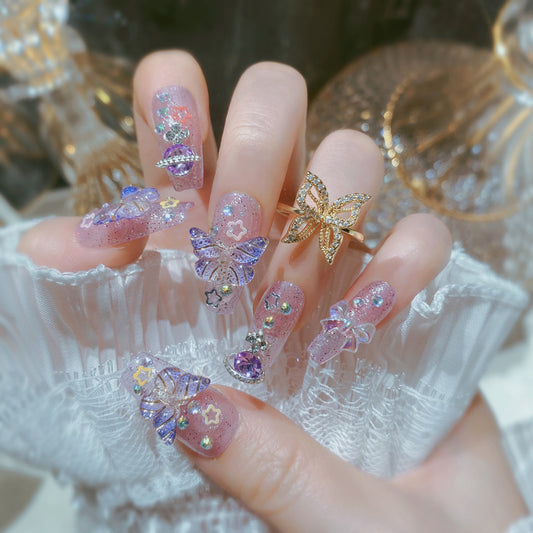 Handmade Wearing Armor Piece Purple Explosion Flash 3D Butterfly Aurora Planet Detachable Fake Nail