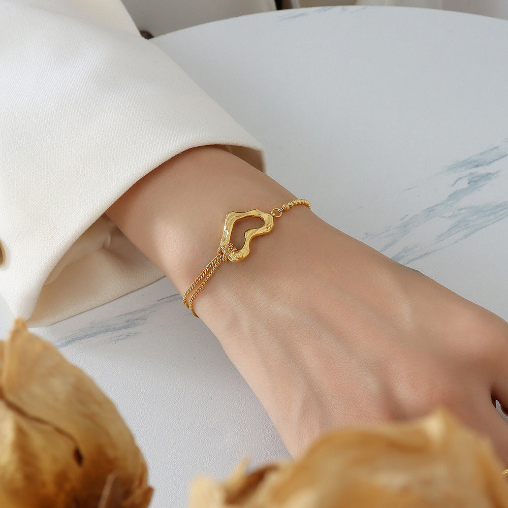 Fashionable and Minimalist Titanium Steel Plated 18k Gold Peach Heart Double-layer Steel Ball Bracelet