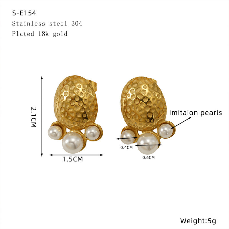 Pendientes de acero de titanio de estilo vintage, pendientes en forma de pétalo con baño de oro de 18 quilates y incrustaciones de perlas para mujer