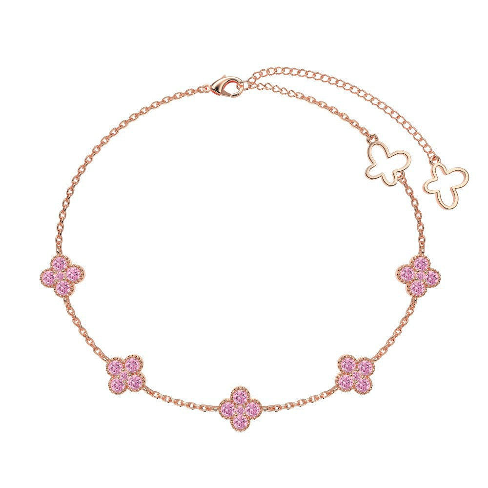 S925 Sterling Silver Bracelet for Women, Pink Heart-shaped Zircon Row Diamond
