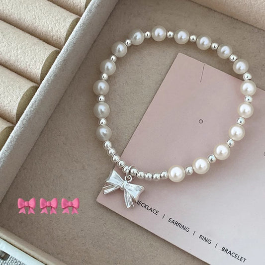 S925 Sterling Silver Bow Premium Imitation Pearl Bracelet, Sweet and Girly Heart for Women