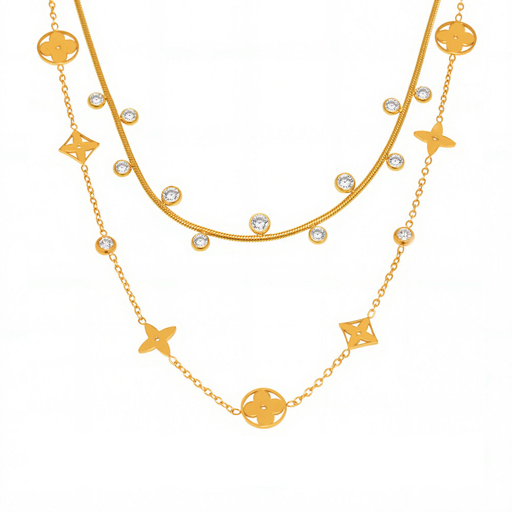 5A Round Bead Zircon Hollowed-out Lucky Four-leaf Flower Layered Necklace with 18K Gold Plated Accessories and Neck Chain