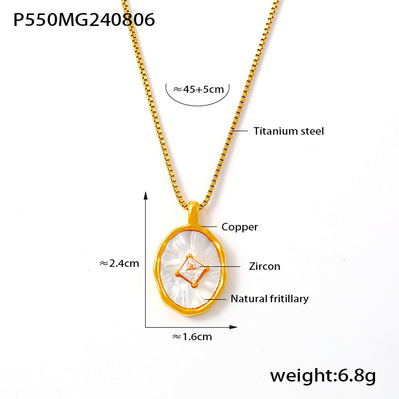 French Retro Oval Inlaid Zircon Copper Pendant, Titanium Steel Lock Chain, 18K Gold-plated Layered Style