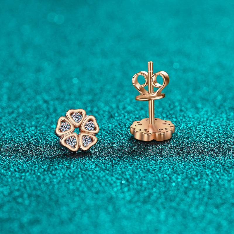 S925 Pure Silver Female Heart Petal Moissanite Champagne Gold Earrings Sweet Style