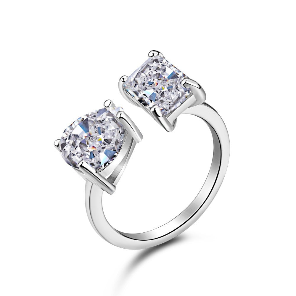 S925 Pure Silver Ring, Women's Water Droplet Fashion Diamond Arrangement, Peach Heart Square Diamond Pink High Carbon Diamond Ring