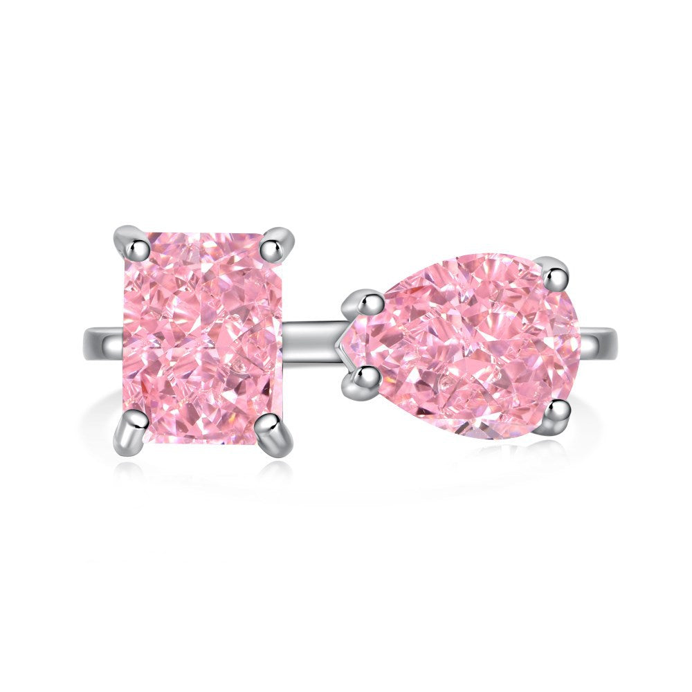 S925 Pure Silver Ring, Women's Water Droplet Fashion Diamond Arrangement, Peach Heart Square Diamond Pink High Carbon Diamond Ring